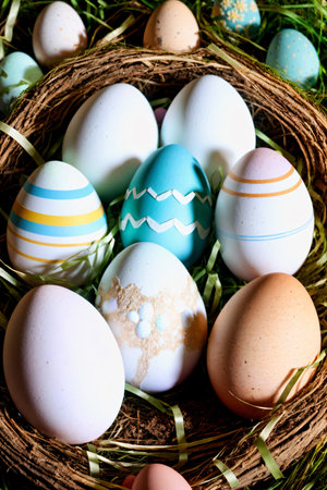 Easter eggs in nest with green grass background. Happy Easter!の素材