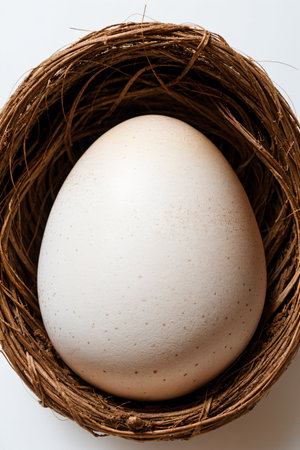 Chicken egg in a nest on a white background. Close-up.の素材