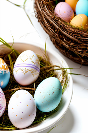 Colorful easter eggs in a nest on a white background.の素材