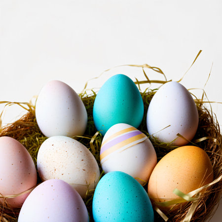 Colorful easter eggs in a nest on a white background.の素材
