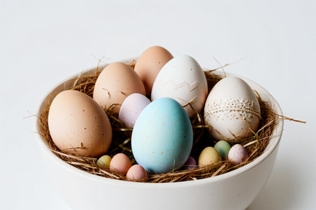 Easter eggs in a nest on a white background. Happy Easter.の素材