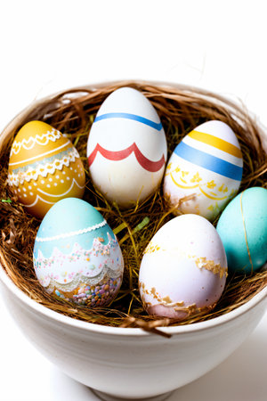 Painted easter eggs in a nest on a white background.の素材
