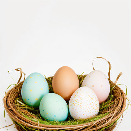 Colorful easter eggs in nest on white background with copy spaceの素材