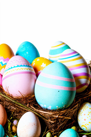 Colorful easter eggs in nest isolated on white background with copy spaceの素材