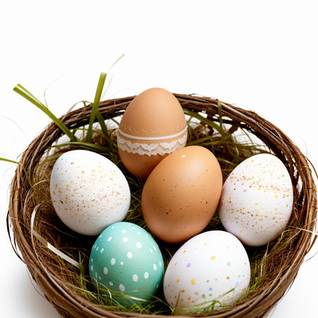 Easter eggs in a nest on a white background. Isolatedの素材