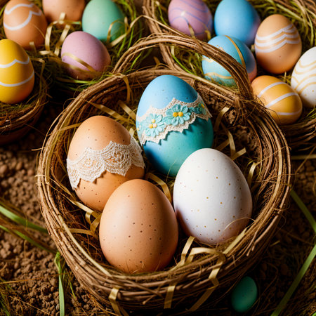 Easter eggs in nest with lace on brown background. Close up.の素材