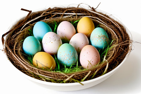 Colorful easter eggs in a nest isolated on white background.の素材