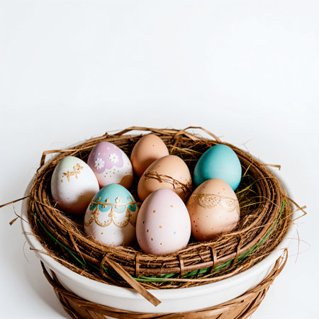 Easter eggs in a nest on a white background. Copy space.の素材