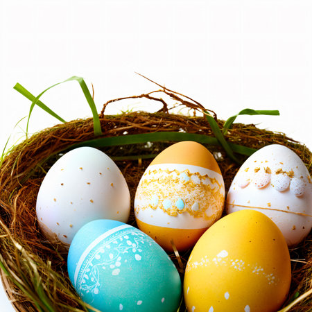Easter eggs in nest on white background. Happy Easter cardの素材
