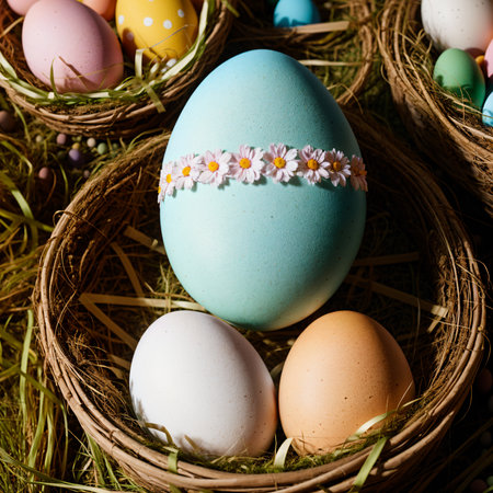 Easter eggs decorated with daisies in basket on green grassの素材