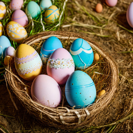 Colorful easter eggs in basket on hay background. Happy Easterの素材