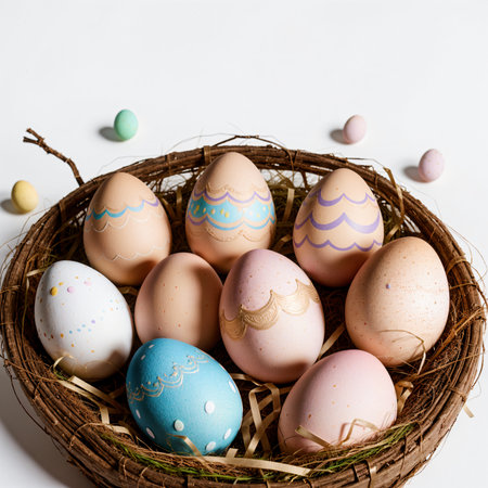 Easter eggs in a basket on a white background. Copy space.の素材