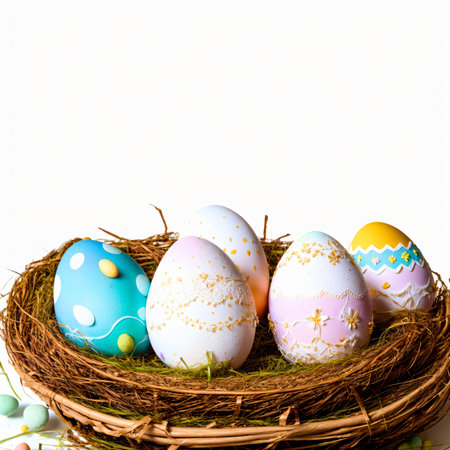 Easter eggs in a nest on a white background. Easter card.の素材