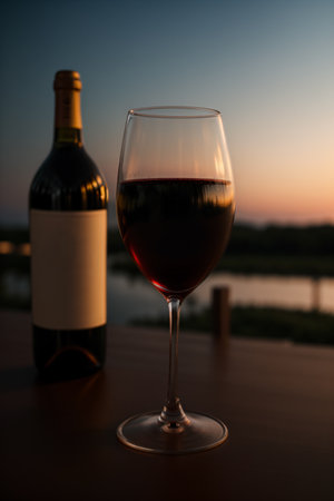 Glass of red wine with bottle and glass of wine on table at sunsetの素材