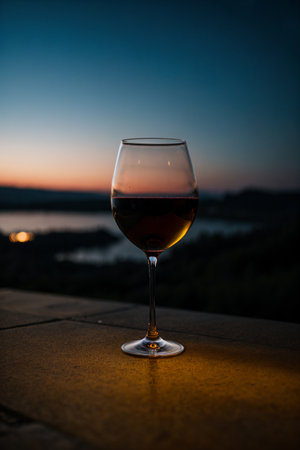Glass of red wine on the terrace at sunsetの素材