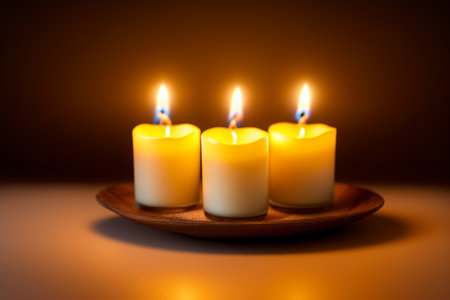 Candles on a wooden plate on a dark background, close-upの素材