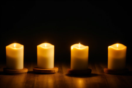 Burning candles on a wooden tableの素材