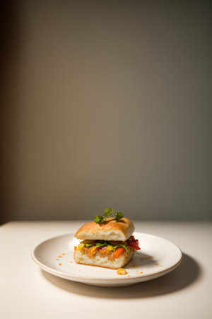 Sandwich with chicken and vegetables on a white plate on a tableの素材
