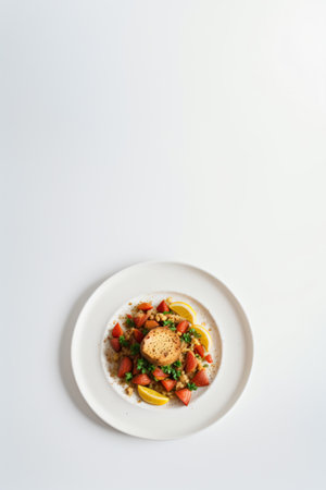 Salad with quinoa and tomato on white plate, top viewの素材