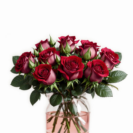 Bouquet of red roses in vase isolated on white backgroundの素材