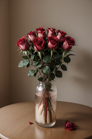 Bouquet of red roses in a vase on a wooden tableの素材