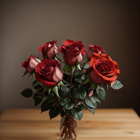 Bouquet of red roses on a wooden table in a vaseの素材