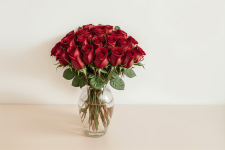Bouquet of red roses in a vase on a tableの素材