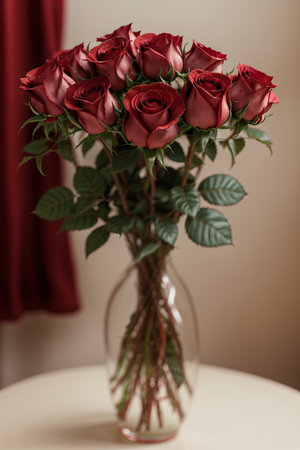 Bouquet of red roses in a vase on a tableの素材