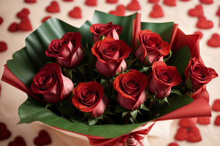 Bouquet of red roses and hearts on Valentine's Day.の素材