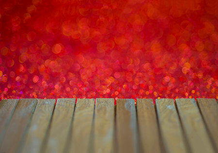 Wooden floor with empty space with red light background bokeh Abstract Christmasの写真素材