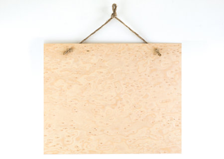 Labels made of natural wood, with a rope hanging on a white background, are empty.の写真素材
