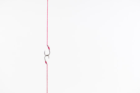 Fishing hook attached to a rope hanging on a red together on white background.の写真素材