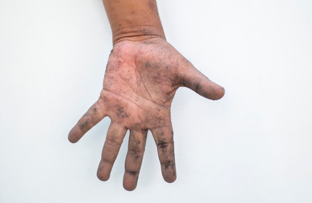 The dirty palms and fingers of the elderly show gestures on a white background.の写真素材