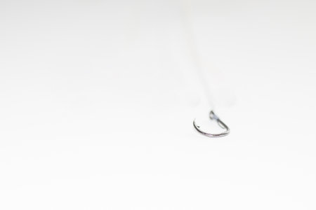 A sharp-edged hook lands against the underside hook that blurry on a white floor with empty space.の写真素材
