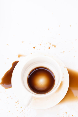 Top view image. Spilled beverage with coffee on a white background.の写真素材