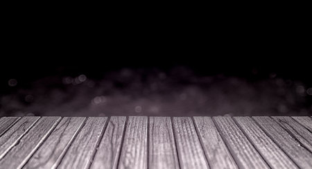 Panoramic view from a wooden terrace with a black sparkling backgroundの写真素材