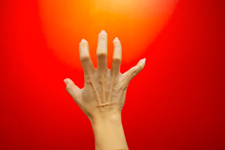Concept image, hand and fingers human gestures symbols on live colored background with empty space.の写真素材