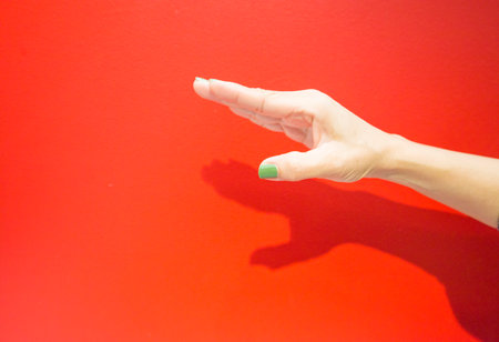 Conceptual image and idea, human hand and finger gesture symbol on bright red background on empty...