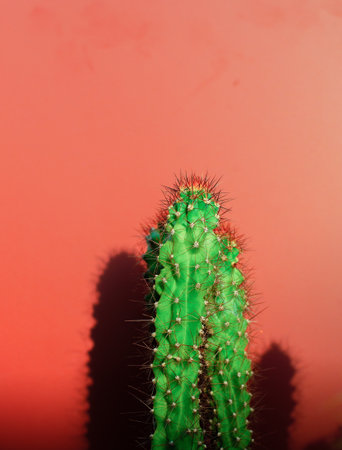 Green spiky herbaceous plant against crimson background.