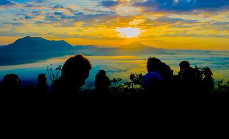 Human silhouette pattern with natural sunset momentsの写真素材