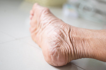 The skin on the heel is dry and wrinkled in old people.の写真素材