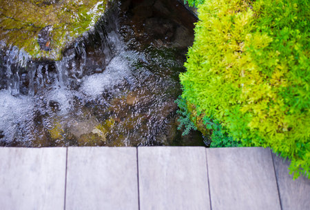 Wooden floor with small waterfall in the garden. Nature background.の写真素材
