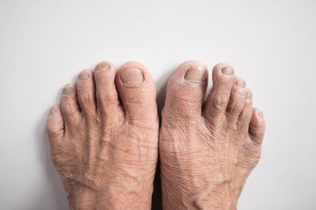 Feet of old woman with pain on white background, health care conceptの写真素材
