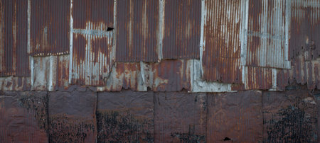 Rusty corrugated metal texture background. Old rusty iron wallの写真素材