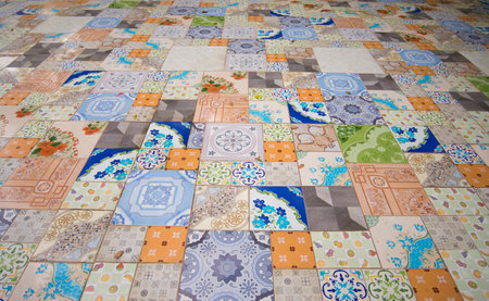 Colorful ceramic tiles on the floor of the mosque, Istanbul, Turkeyの写真素材