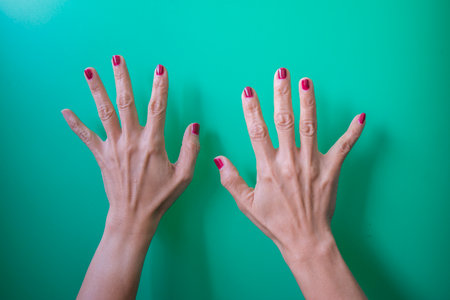 Female hands with red nails on a green background. Top view.の写真素材
