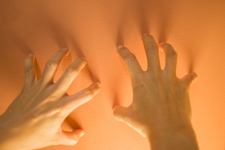Hands of a woman on a orange wall. Close-up.の写真素材