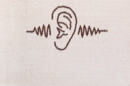 Human ear, through which is passing a sound wave,everything is made from coffee beans and the image is aligned at the top.の写真素材