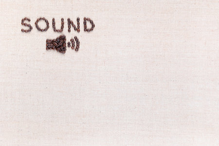 Word Sound and below it a small megaphone all made from coffee beans shot from above,aligned at the top left.の写真素材