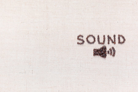 Word Sound and below it a small megaphone all made from coffee beans shot from above,aligned to the right.の写真素材